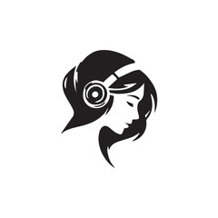 Black Vector Illustration of Woman Wearing Headphone in Clean Minimal Style on White Background