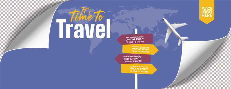 travel and tourism horizontal banner for travelling agency business promo, hotel and resort booking, vacation packages, travel deals, and adventure trip social media header template design - Powered by Adobe