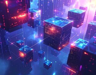 Futuristic 3D rendering of glowing cubes connected by lines in a vibrant blue and purple neon environment. Lights shine