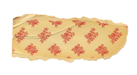 Torn antique yellow paper with red floral pattern isolated on a transparent background ripped