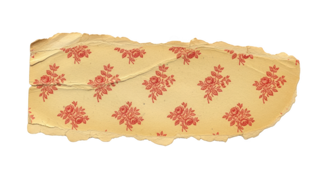Torn antique yellow paper with red floral pattern isolated on a transparent background ripped