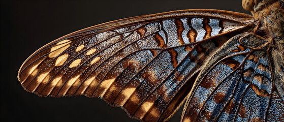 Ultra-detailed moth wing texture, powdery scales in muted browns and grays with intricate natural patterns.Macro shot of a butterfly wing or insect's exoskeleton with intricate textures.
