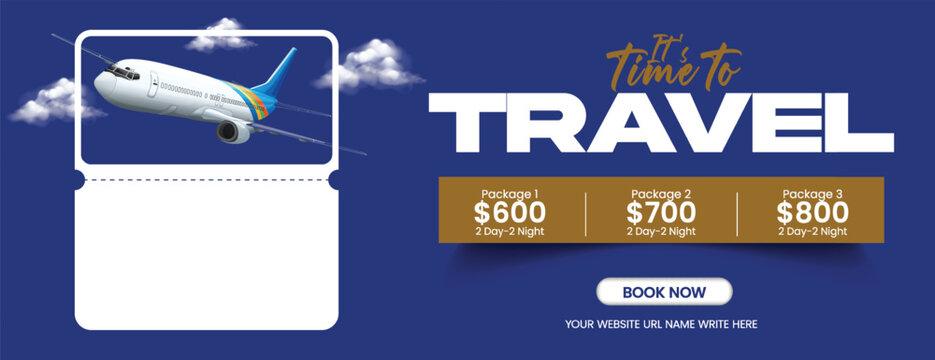 Luxury travel agency website banner and horizontal travel header for summer holiday deals, adventure trip promo, online ticket booking, hotel resort packages, and travel advertisement template design