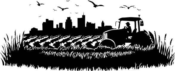 Naklejka premium Tractor on a field silhouette