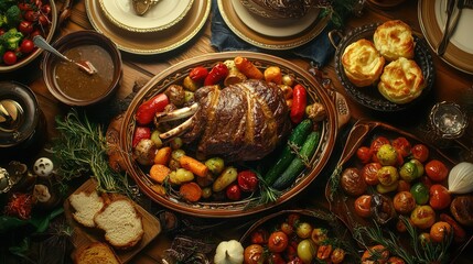 A high-angle shot of a Sunday roast with beef, roasted vegetables, Yorkshire pudding, and gravy