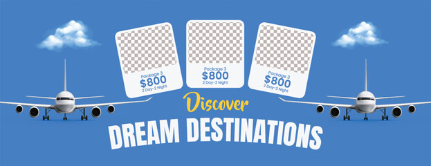 Holiday tour promotion travel agency banner and travelling agency social media cover featuring travel sale deals, hotel resort booking, flight ticket booking, and adventure trip web banner template