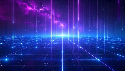 Obraz premium Futuristic digital landscape with gridlines converging towards a bright point, bathed in violet and blue light