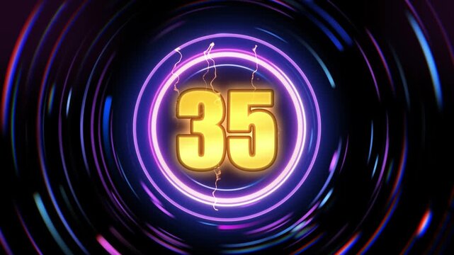 Animated countdown timer with neon circles and golden number thirty five against dark background