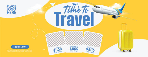 travel agency horizontal banner and travelling agency business header design for travel sale, holiday tour promotion, hotel resort booking, flight ticket booking, vacation package web banner design