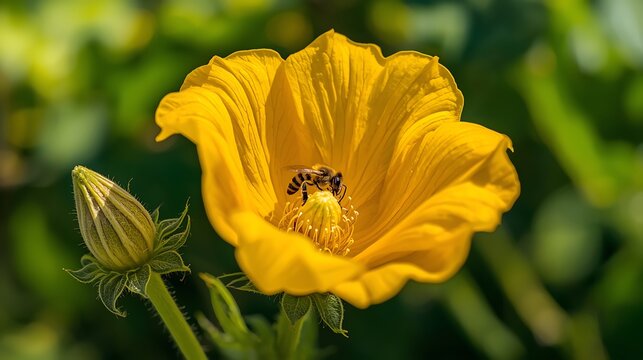 Vibrant yellow flower blooming with a closed bud in soft focus background