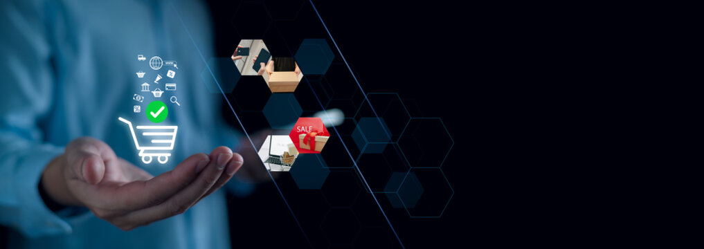 Ecommerce online shopping concept. Add to cart internet web store buy online Ecommerce. Businessman using a laptop computer with shopping, sale, retail, cart and business Ecommerce. shop service.