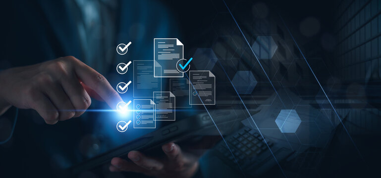 Checklist business performance monitoring concept, Business using tablet online survey filling out check digital form task, online survey question form, target marketing planning with quality control