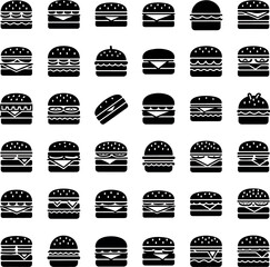 Collection of black and white hamburger icons, vector graphics featuring diverse burger designs and styles, isolated on white