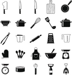 Collection of Black and White Kitchen Utensils and Cooking Tools Icons Vector Set