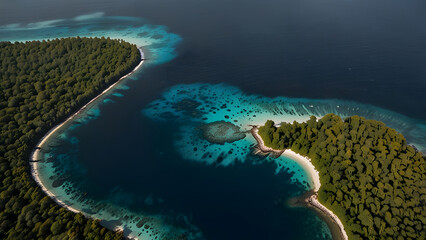 Spectacular high-angle aerial view of a lushly forested tropical island featuring a striking curved coastline and vibrant turquoise shallow water over the underlying coral reef. Travel and nature conc