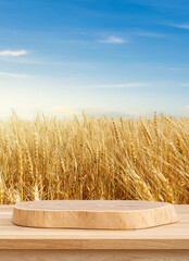 Platform in the Golden Field: A wooden platform with natural wood texture sits prominently against a backdrop of golden wheat fields under a vibrant blue sky, evoking a sense of calm and rustic charm.