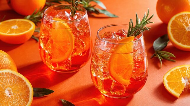 Bright orange cocktails are presented in two glasses filled with ice garnished with rosemary and orange slices surrounded by fresh orange halves.