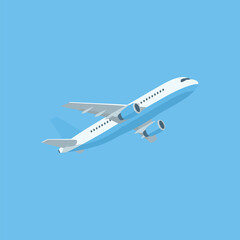 A modern passenger airplane with blue accents flying in a clear blue sky, depicted in a flat design style.