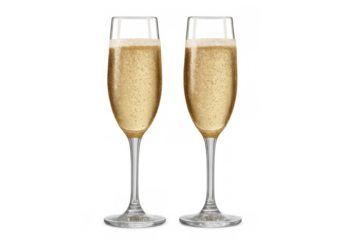 Celebrating with two champagne flute glasses filled with sparkling golden wine for a toast or party, transparent background