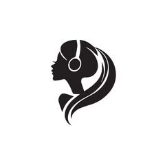 Black Vector Illustration of Woman Wearing Headphone in Clean Minimal Style on White Background
