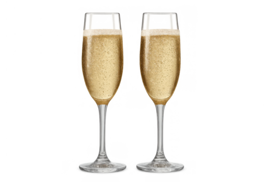 Celebrating with two champagne flute glasses filled with sparkling golden wine for a toast or party, transparent background - Powered by Adobe