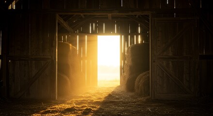 Sunlit barn interior with hay bales and open doorway creating a warm glow