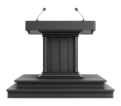 Professional speaker podium in black finish with dual microphones and stepped base, isolated on transparent background - Powered by Adobe