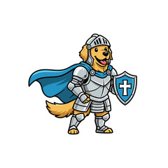 A cheerful golden retriever dog mascot dressed in full knight armor with a blue cape and shield featuring a cross.