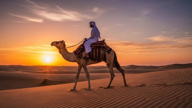 A person riding a camel across desert dunes during a vibrant sunset with a colorful sky and expansive landscape