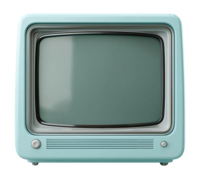 Retro turquoise television set with gray screen display, isolated on transparent background