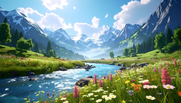 Scenic landscape featuring a flowing river through a lush green valley, flanked by snow-capped mountains under a blue sky