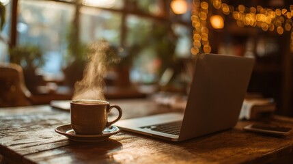 A laptop is open on a wooden table with a cup of coffee next to it. The steam from the coffee is rising, creating a cozy atmosphere