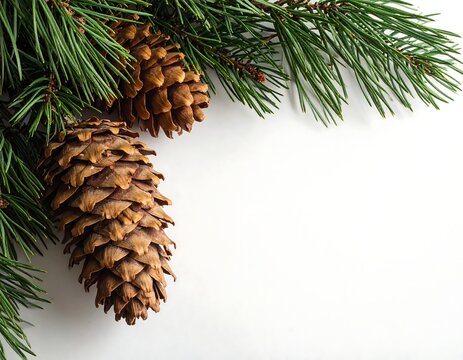 Close-up of green evergreen needles and two brown pine cones against a white background, natural and festive - Powered by Adobe