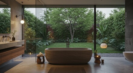 Modern bathroom interior with bathtub and large window overlooking garden