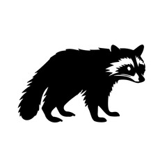 A large raccoon symbol in the center. Isolated black symbol. Illustration on transparent background