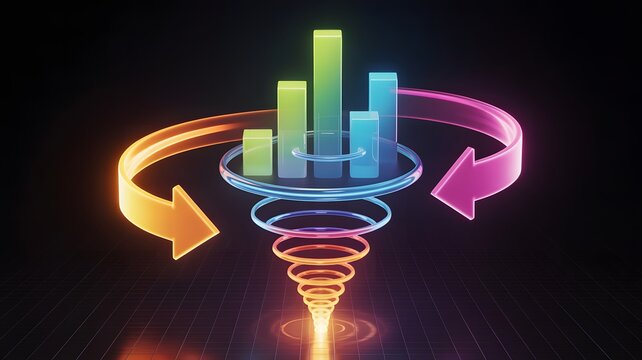 Abstract visualization of data analysis and business growth with glowing arrows and bar chart