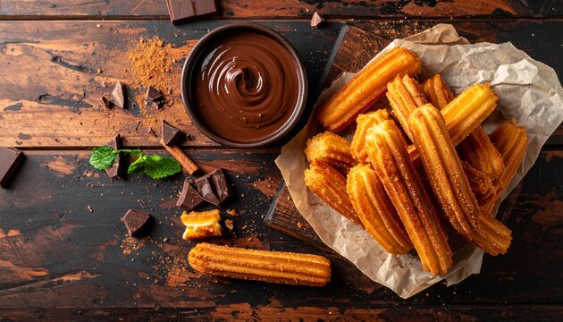 Homemade Churros with Chocolate Dipping Sauce on Rustic Wooden Table - Powered by Adobe
