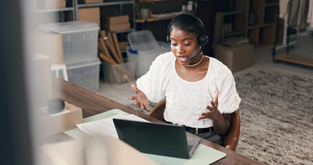 Headset, logistics and woman with laptop for video call, customer support and order info. Shipping,...