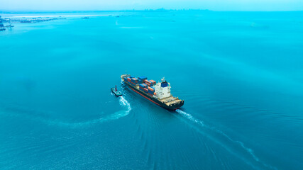 Aerial view of the freight shipping transport system cargo ship container. international transportation Export-import business, logistics, transportation industry concepts	