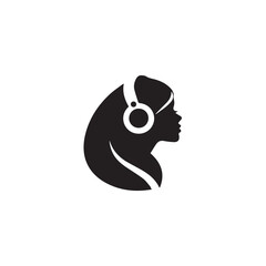 Black Vector Illustration of Woman Wearing Headphone in Clean Minimal Style on White Background