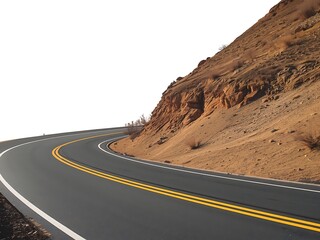 Curving mountain road with double yellow lines and guardrail