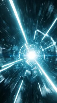 Abstract geometric tunnel journey visualization with glowing hyper-speed white and teal neon lines extending toward an infinite bright vanishing point minimalist, virtual reality, creative asset