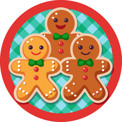 Holiday gingerbread man cookies in plate on colored Christmas gingham tablecloth stock illustration  , white background 
