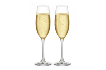 Two champagne flutes filled with sparkling wine, ready for a toast celebrating a special event, transparent background