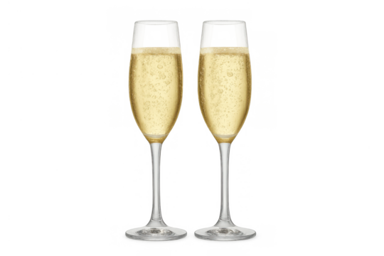 Two champagne flutes filled with sparkling wine, ready for a toast celebrating a special event, transparent background