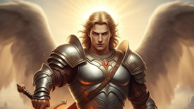 A majestic angelic warrior with glowing wings and armor wielding a fiery sword in a divine battle scene