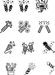 Firework confetti icon set holiday party confetti icon set silhouette Festive confetti burst set isolated on white background. Vector illustration of hand drawn firework explosion effect, firecracker