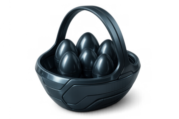 Futuristic metallic basket filled with modern glossy eggs, symbolizing innovation, technology, and a contemporary easter holiday