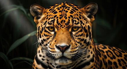 Majestic Jaguar Face Close Up Amidst Lush Green Jungle Foliage In Natural Sunlight