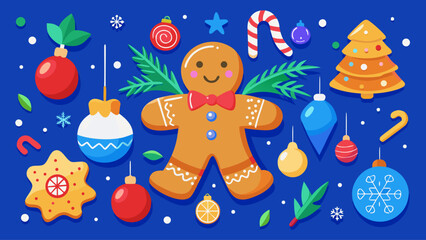Naklejka premium Christmas Homemade Gingerbread Cookies and Holiday Decorations on Blue Background – Festive New Year Creative Concept Vector Art Illustration